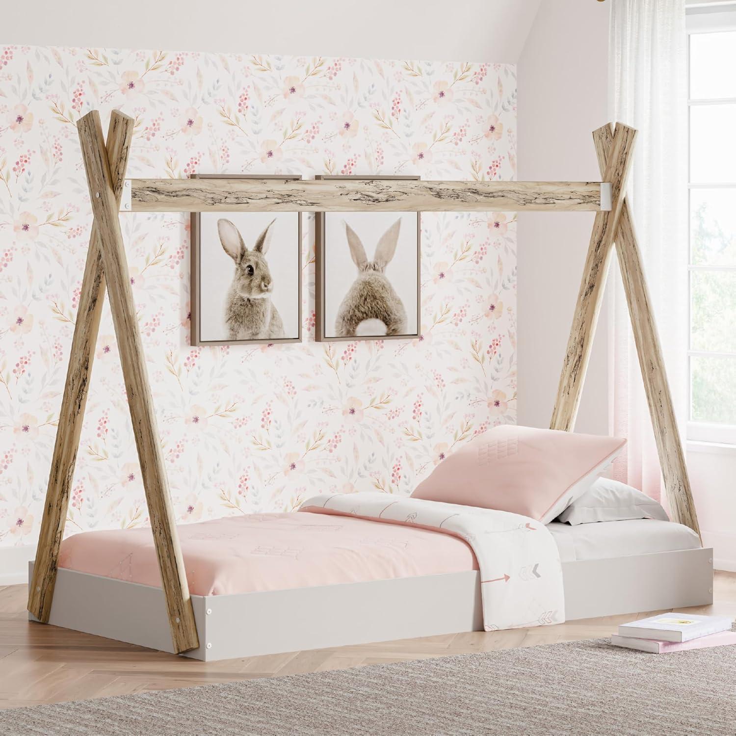 imageSignature Design by Ashley Piperton Contemporary YouthToddler Floor Tent Bed Frame Full Wood Foundation or Box Spring Not Needed Bedquot A Box Natural Wood Color ampamp WhiteWhiteNatural