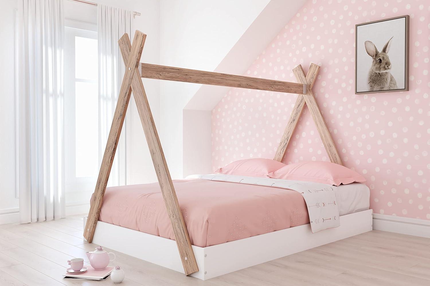 imageSignature Design by Ashley Piperton Contemporary YouthToddler Floor Tent Bed Frame Full Wood Foundation or Box Spring Not Needed Bedquot A Box Natural Wood Color ampamp WhiteWhiteNatural