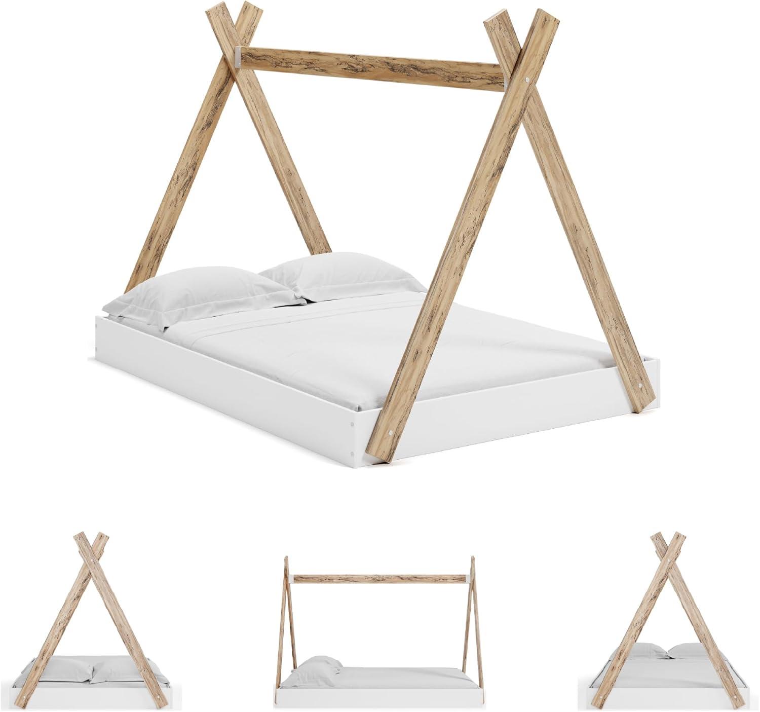 imageSignature Design by Ashley Piperton Contemporary YouthToddler Floor Tent Bed Frame Full Wood Foundation or Box Spring Not Needed Bedquot A Box Natural Wood Color ampamp WhiteWhiteNatural
