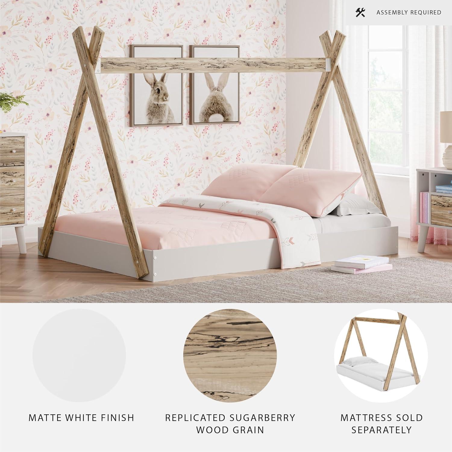 imageSignature Design by Ashley Piperton Contemporary YouthToddler Floor Tent Bed Frame Full Wood Foundation or Box Spring Not Needed Bedquot A Box Natural Wood Color ampamp WhiteWhiteNatural