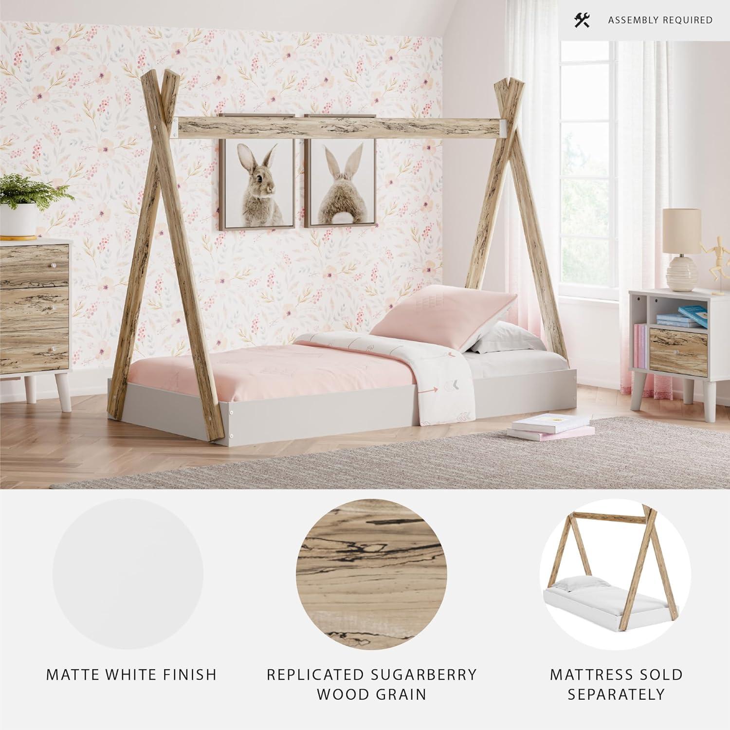imageSignature Design by Ashley Piperton Contemporary YouthToddler Floor Tent Bed Frame Full Wood Foundation or Box Spring Not Needed Bedquot A Box Natural Wood Color ampamp WhiteWhiteNatural