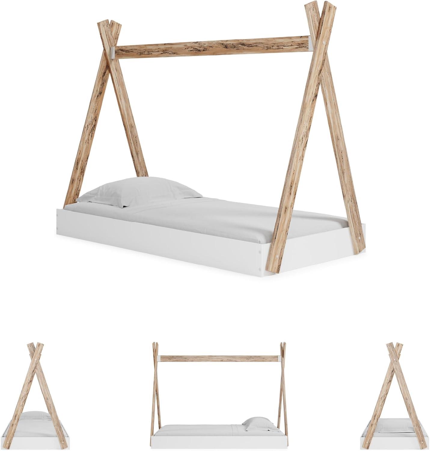 imageSignature Design by Ashley Piperton Contemporary YouthToddler Floor Tent Bed Frame Full Wood Foundation or Box Spring Not Needed Bedquot A Box Natural Wood Color ampamp WhiteWhiteNatural