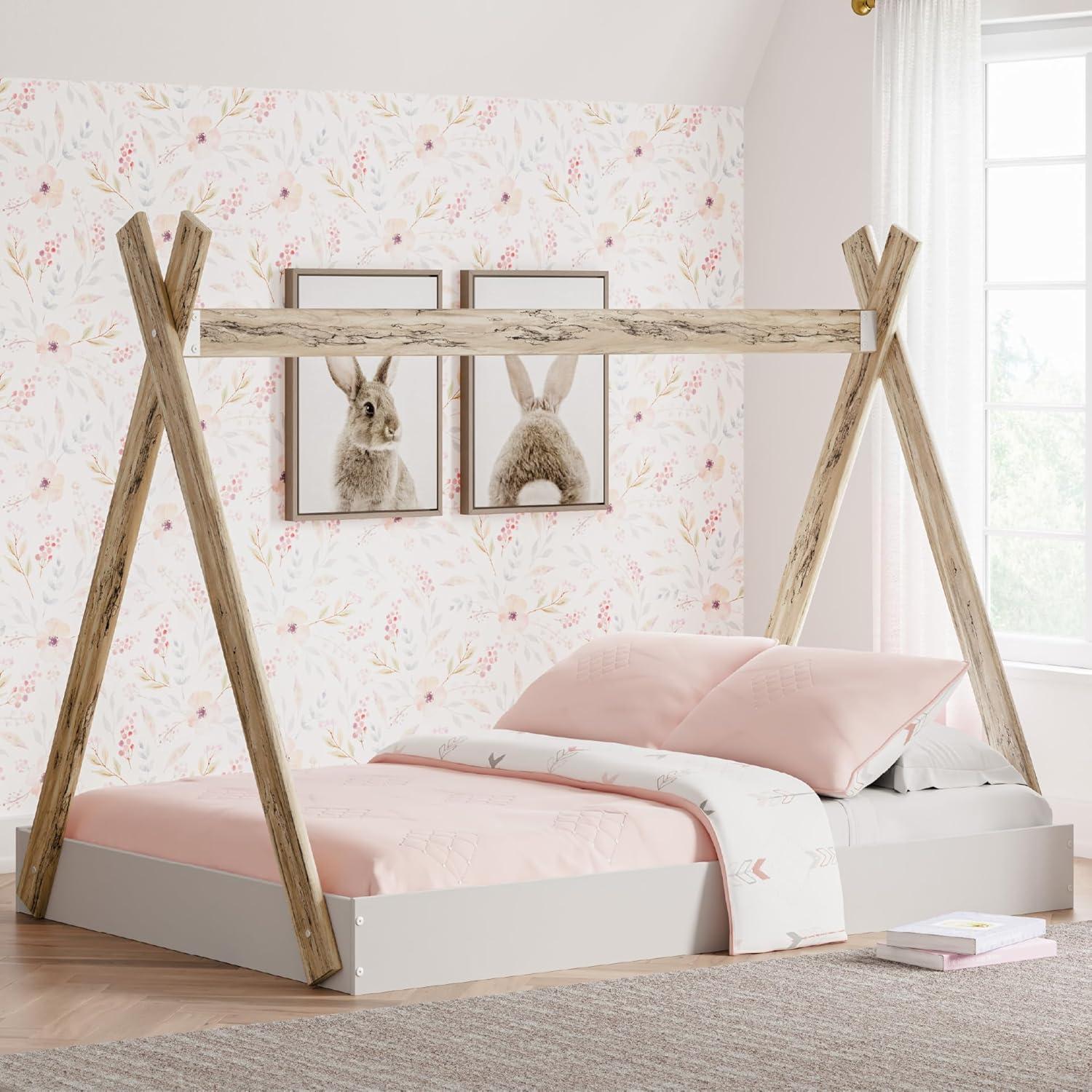 imageSignature Design by Ashley Piperton Contemporary YouthToddler Floor Tent Bed Frame Full Wood Foundation or Box Spring Not Needed Bedquot A Box Natural Wood Color ampamp WhiteWhiteNatural
