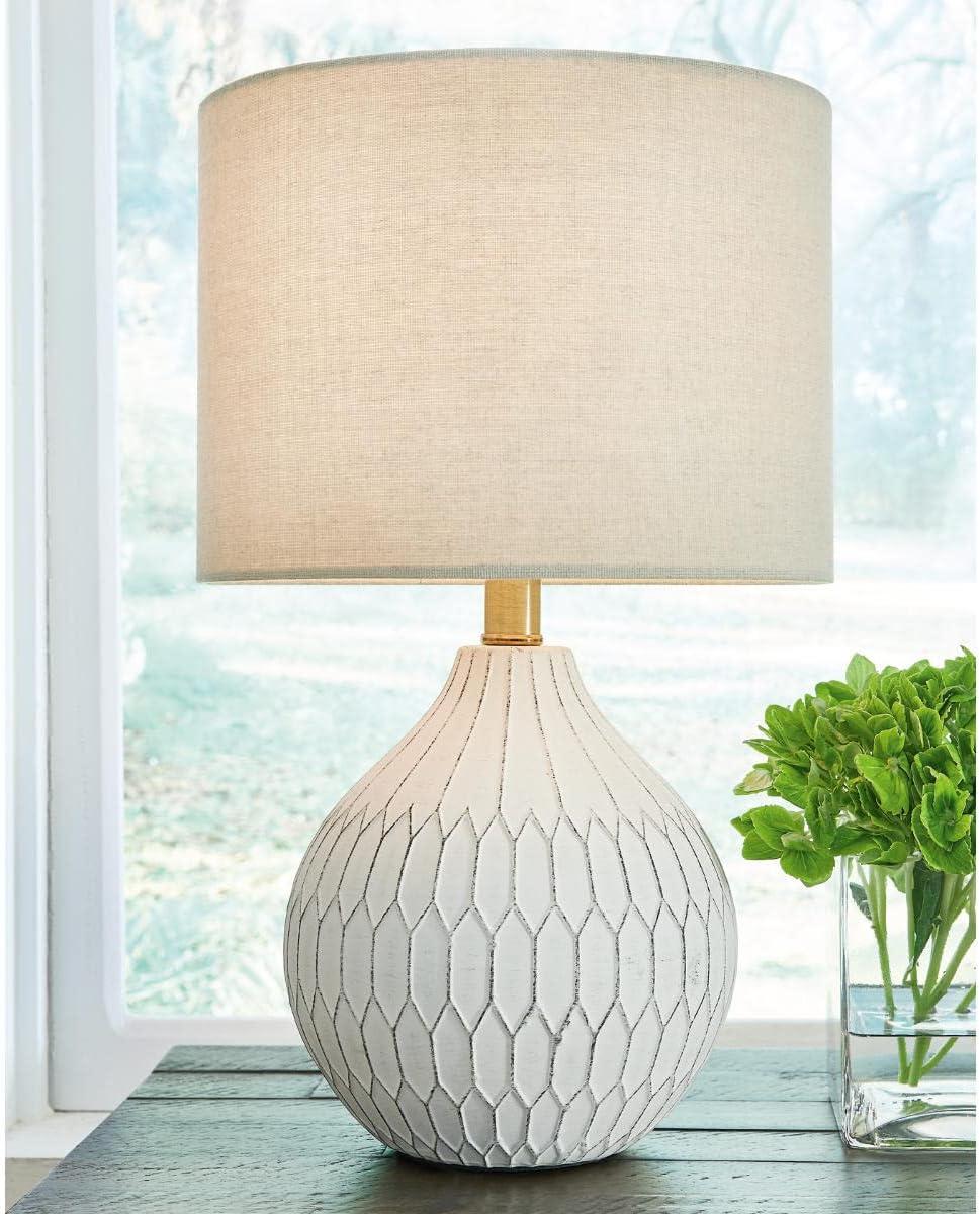 imageSignature Design by Ashley Rainermen Casual Ceramic Table Lamp Transparent White Glaze Finish Drum Hardback Fabric Shade 11quot W x 11quot D x 21quot H Off WhiteWhite