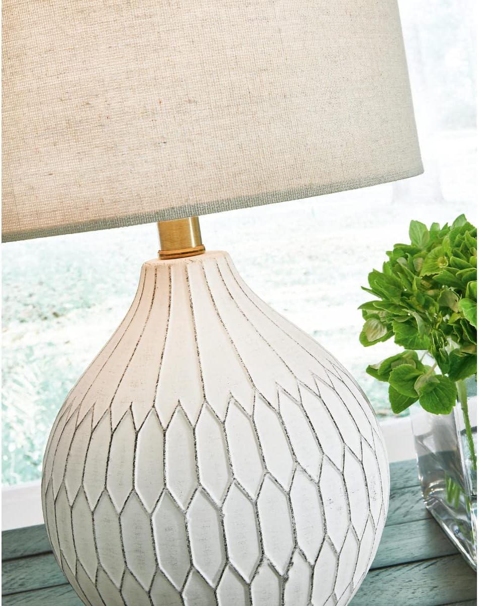 imageSignature Design by Ashley Rainermen Casual Ceramic Table Lamp Transparent White Glaze Finish Drum Hardback Fabric Shade 11quot W x 11quot D x 21quot H Off WhiteWhite