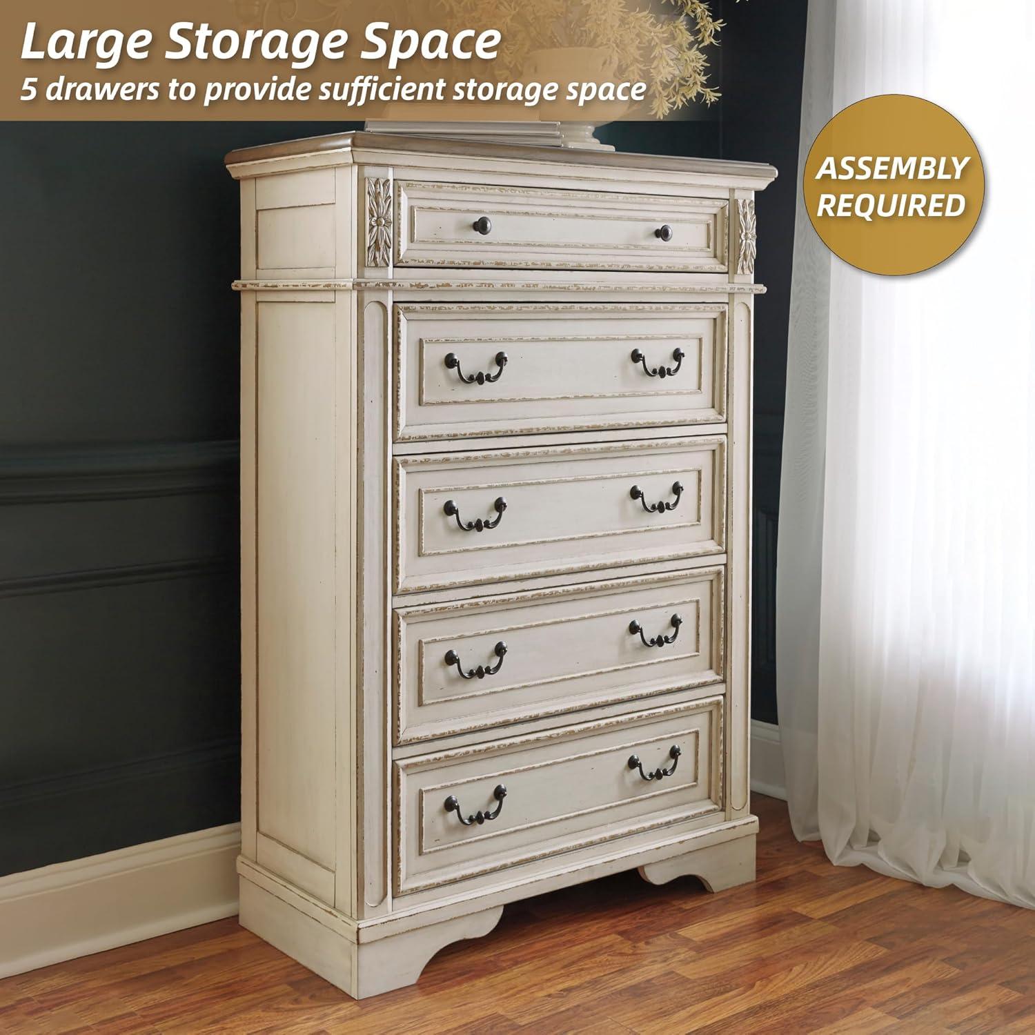 imageSignature Design by Ashley Realyn French Country 5 Drawer Chest Tipover Restraint Device 2tone Finish Wood 4013quot W x 1813quot D x 5813quot H Chipped White183D x 403W x 583H 5 Drawers