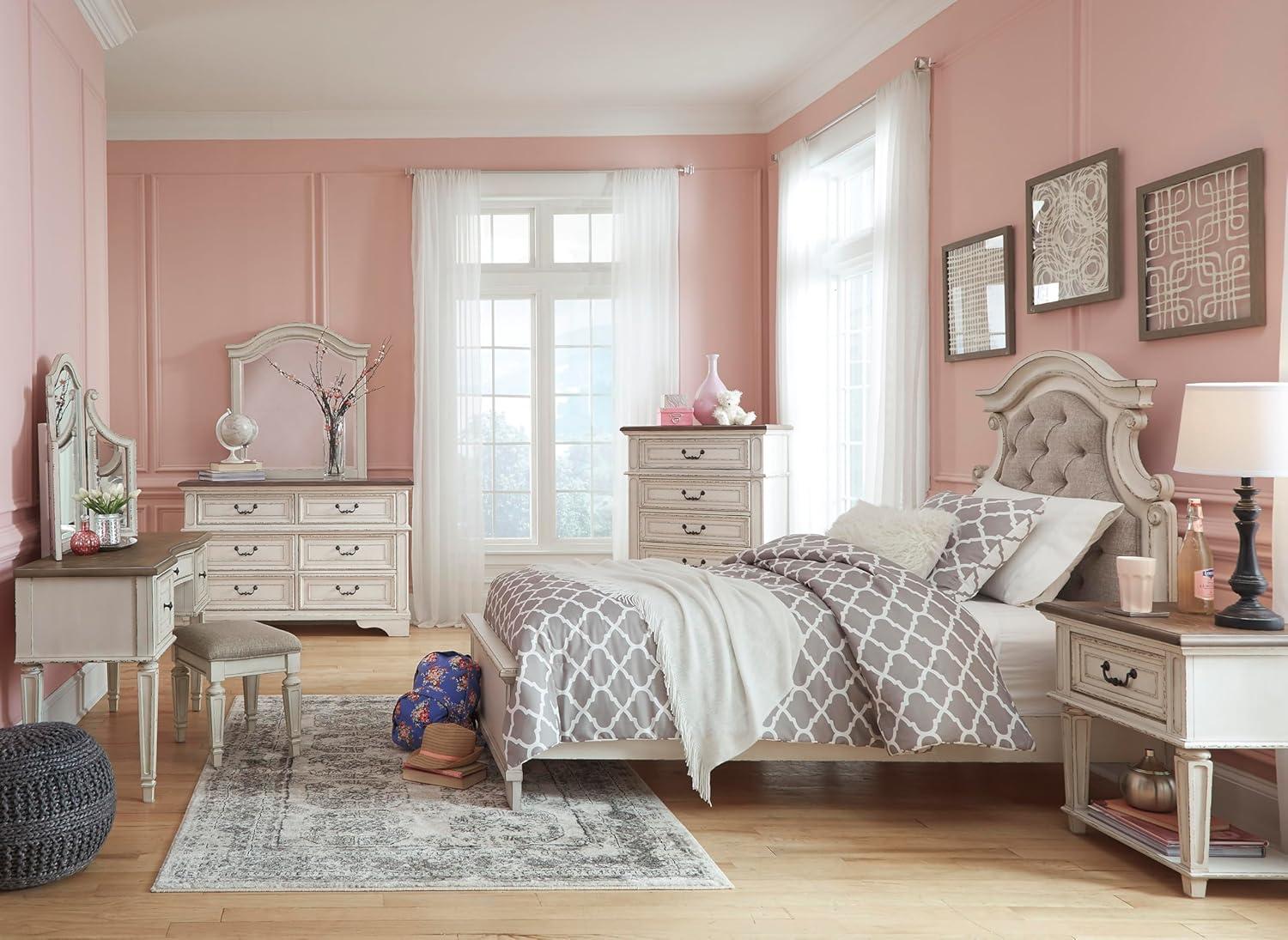 imageSignature Design by Ashley Realyn French Country 5 Drawer Chest Tipover Restraint Device 2tone Finish Wood 4013quot W x 1813quot D x 5813quot H Chipped White17D x 34W x 483H 5 Drawers