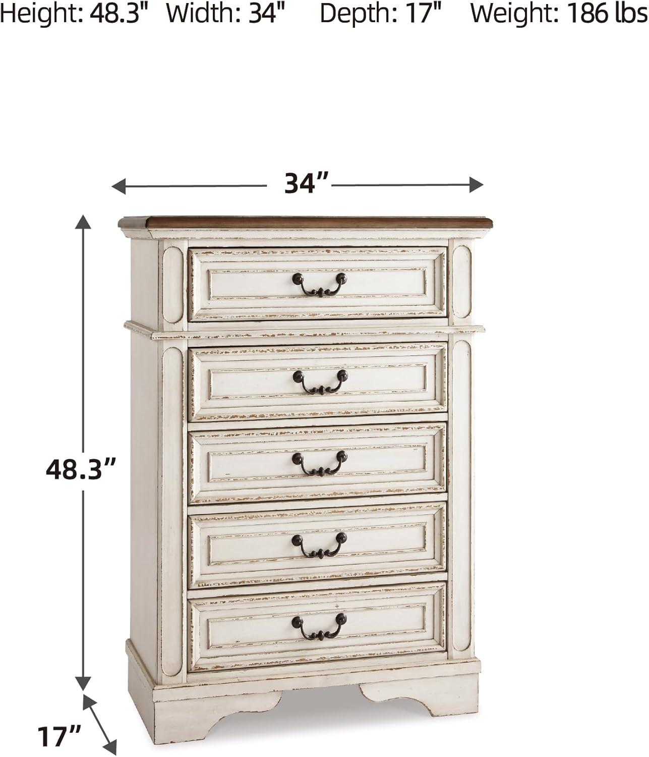 imageSignature Design by Ashley Realyn French Country 5 Drawer Chest Tipover Restraint Device 2tone Finish Wood 4013quot W x 1813quot D x 5813quot H Chipped White17D x 34W x 483H 5 Drawers
