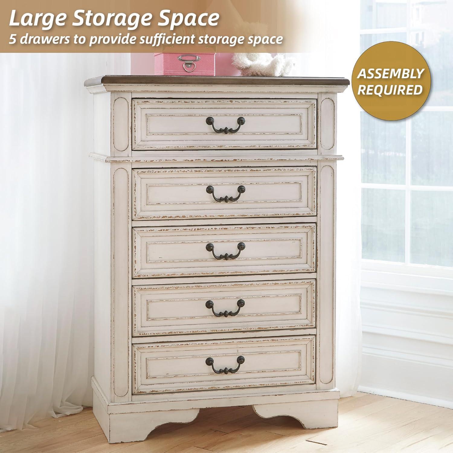 imageSignature Design by Ashley Realyn French Country 5 Drawer Chest Tipover Restraint Device 2tone Finish Wood 4013quot W x 1813quot D x 5813quot H Chipped White17D x 34W x 483H 5 Drawers