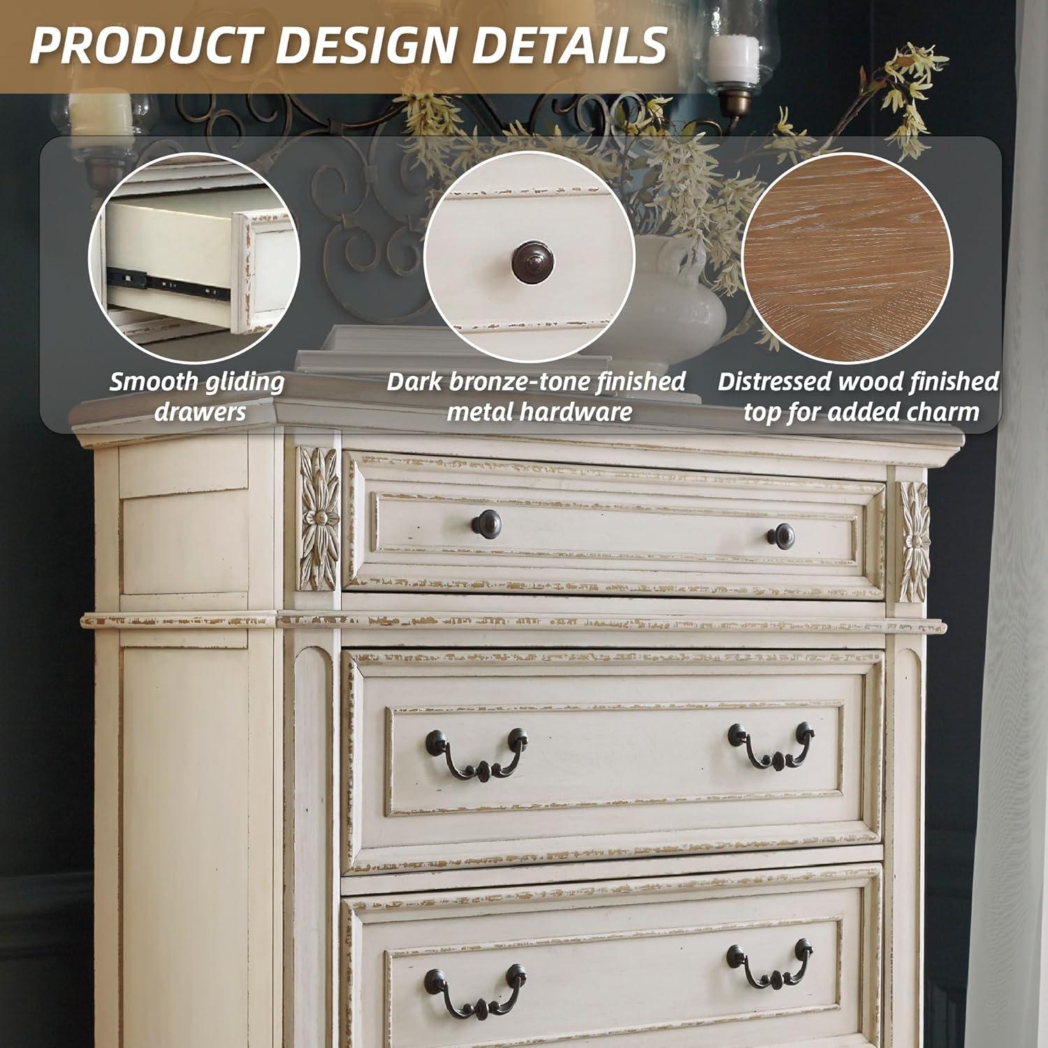 imageSignature Design by Ashley Realyn French Country 5 Drawer Chest Tipover Restraint Device 2tone Finish Wood 4013quot W x 1813quot D x 5813quot H Chipped White183D x 403W x 583H 5 Drawers