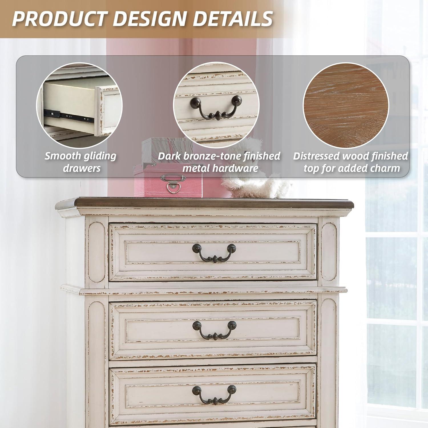 imageSignature Design by Ashley Realyn French Country 5 Drawer Chest Tipover Restraint Device 2tone Finish Wood 4013quot W x 1813quot D x 5813quot H Chipped White17D x 34W x 483H 5 Drawers