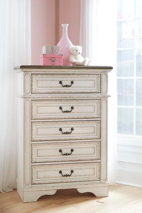 imageSignature Design by Ashley Realyn French Country 5 Drawer Chest Tipover Restraint Device 2tone Finish Wood 4013quot W x 1813quot D x 5813quot H Chipped White17D x 34W x 483H 5 Drawers