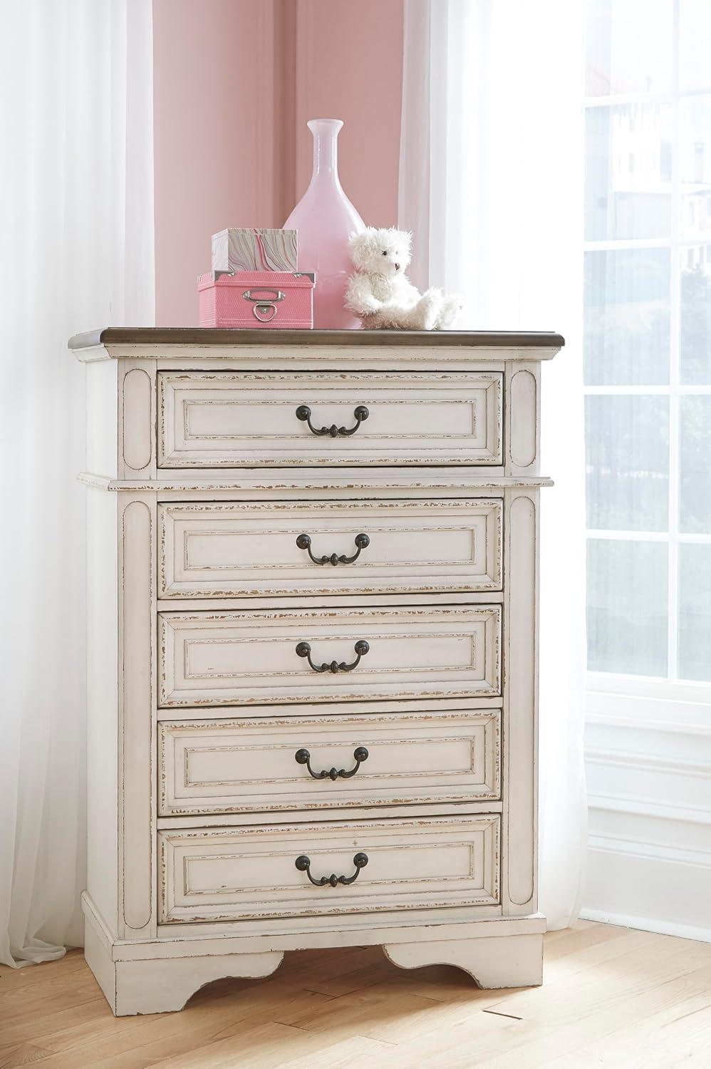 imageSignature Design by Ashley Realyn French Country 5 Drawer Chest Tipover Restraint Device 2tone Finish Wood 4013quot W x 1813quot D x 5813quot H Chipped White17D x 34W x 483H 5 Drawers