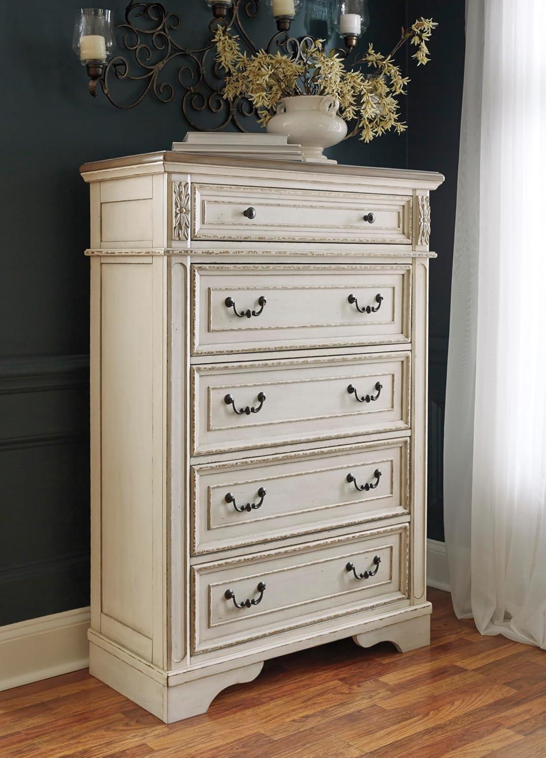 imageSignature Design by Ashley Realyn French Country 5 Drawer Chest Tipover Restraint Device 2tone Finish Wood 4013quot W x 1813quot D x 5813quot H Chipped White183D x 403W x 583H 5 Drawers