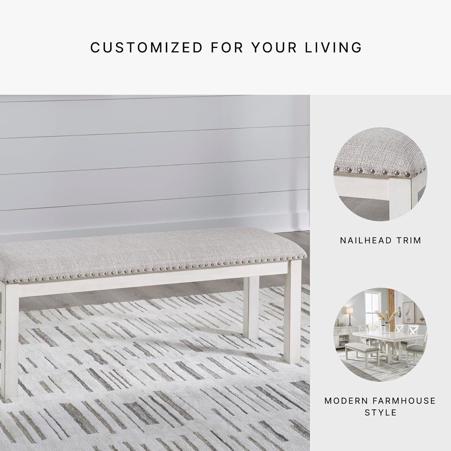 imageSignature Design by Ashley Robbinsdale Large Upholstered 48quot W Dining Bench Light Gray ampamp WhiteLight Gray White