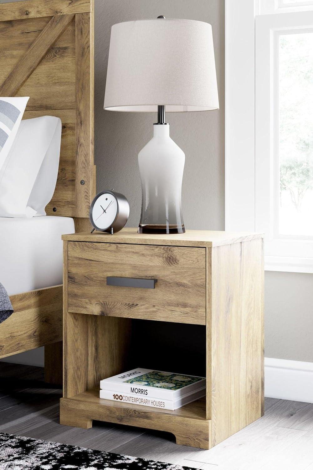 imageSignature Design by Ashley Shawburn Farmhouse 1 Drawer Bedroom Nightstand with Opening Storage Cubby Wood Large Scale PewterTone Pulls GrayBrown