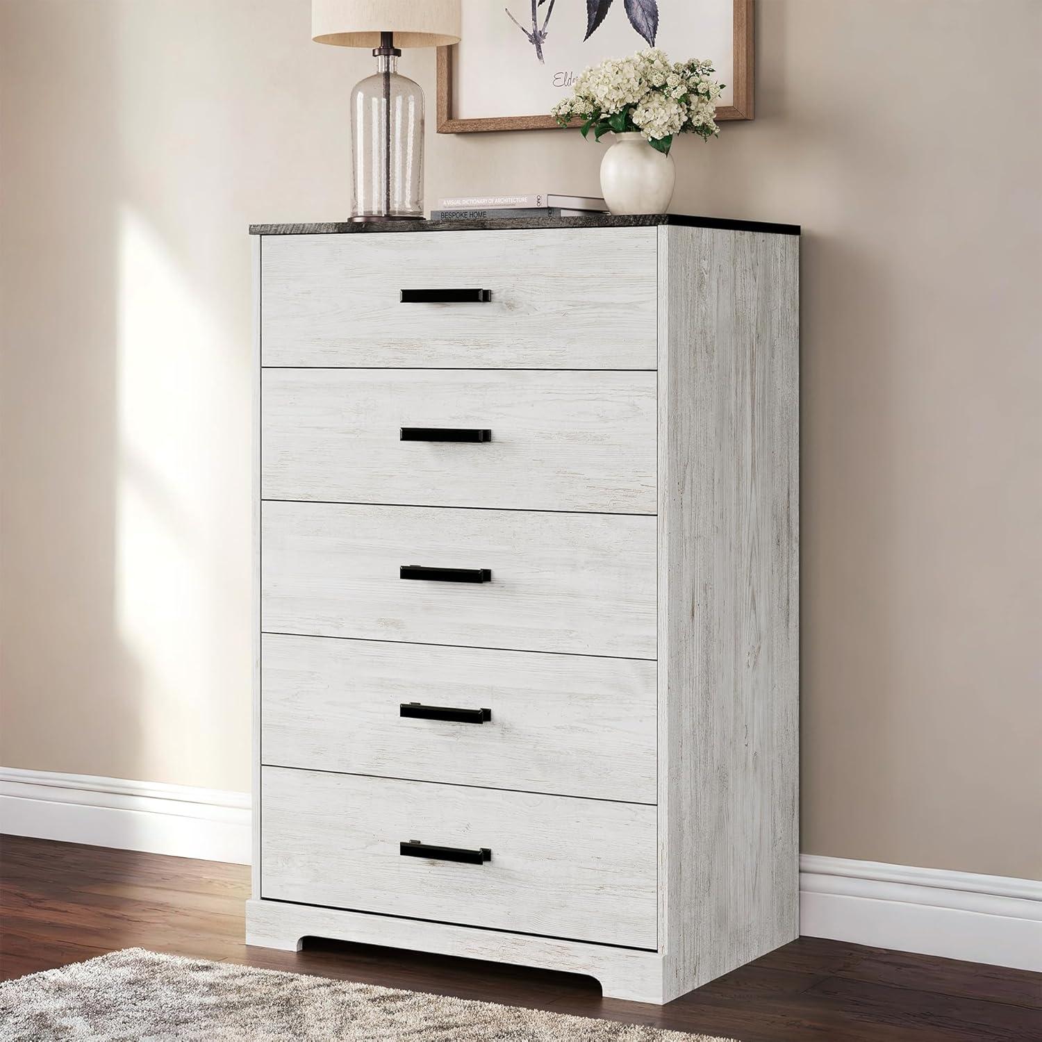 imageSignature Design by Ashley Shawburn Rustic 5 Drawer Chest of SmoothGliding Drawers and Safety Stop White ampamp GrayTwotone