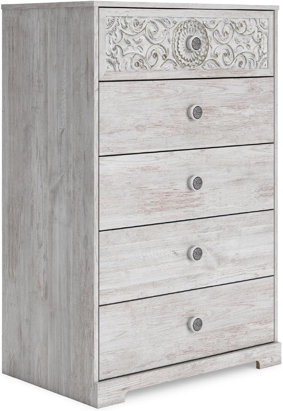 imageSignature Design by Ashley Shawburn Rustic 5 Drawer Chest of SmoothGliding Drawers and Safety Stop White ampamp GrayWhitewash