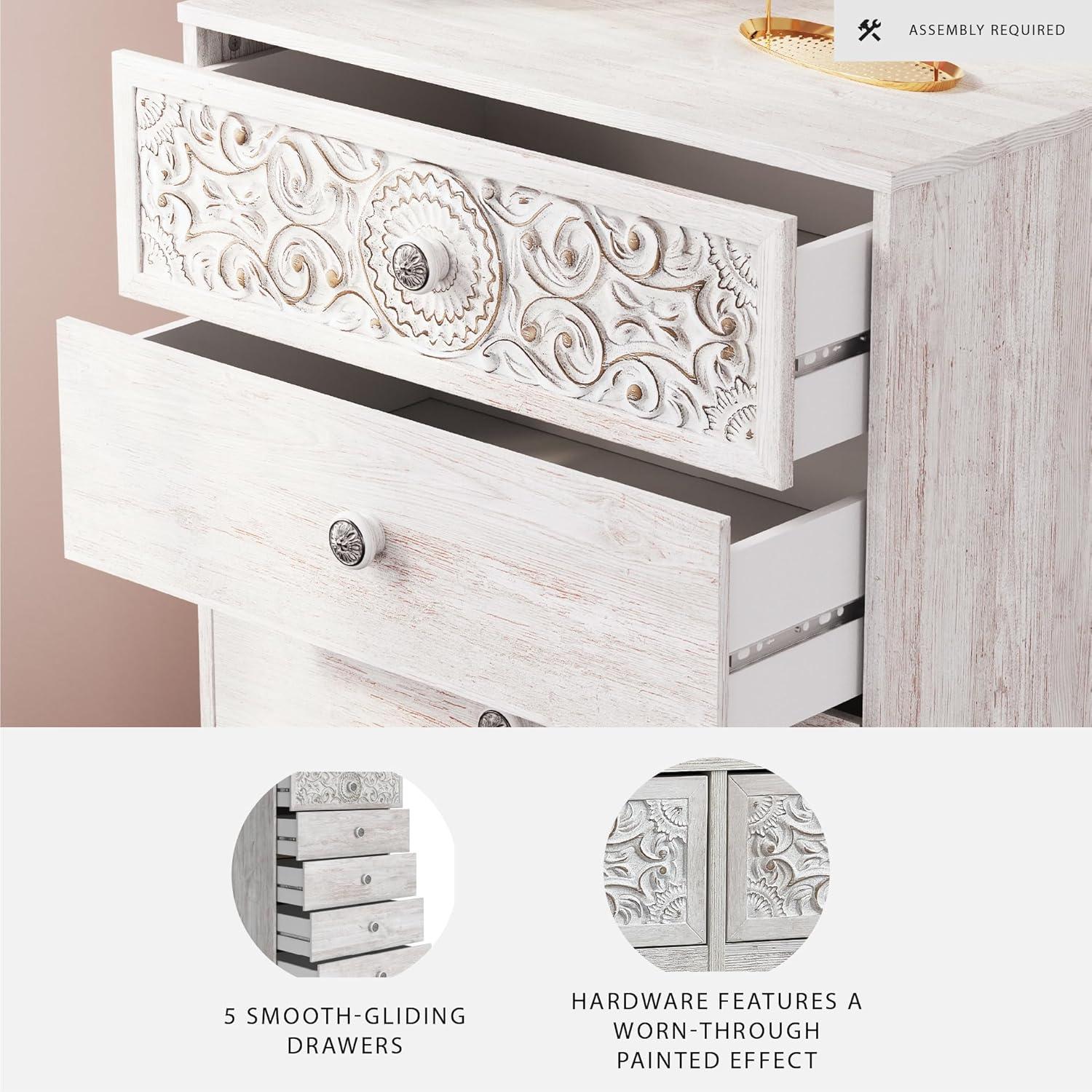 imageSignature Design by Ashley Shawburn Rustic 5 Drawer Chest of SmoothGliding Drawers and Safety Stop White ampamp GrayWhitewash