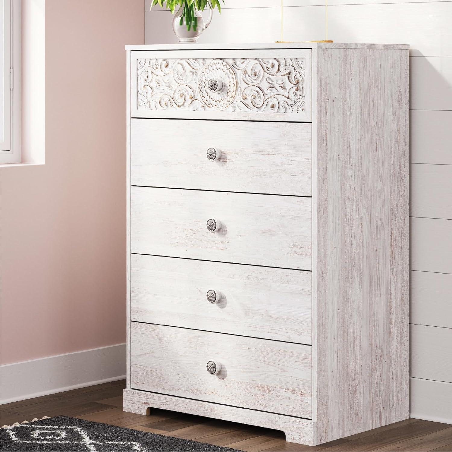 imageSignature Design by Ashley Shawburn Rustic 5 Drawer Chest of SmoothGliding Drawers and Safety Stop White ampamp GrayWhitewash
