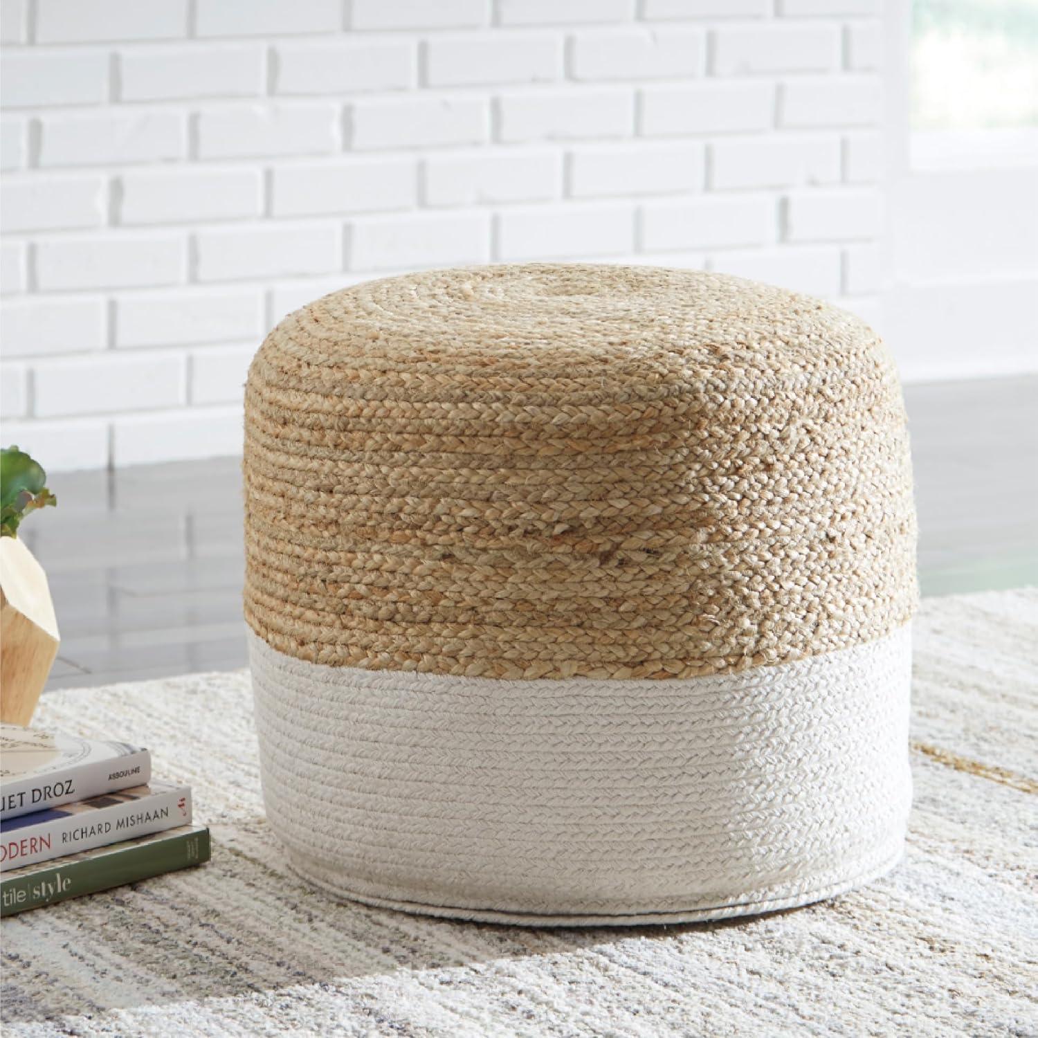 imageSignature Design by Ashley Sweed Valley Jute ampamp Cotton Pouf 19 x 19 Inches Beige ampamp WhiteWhite
