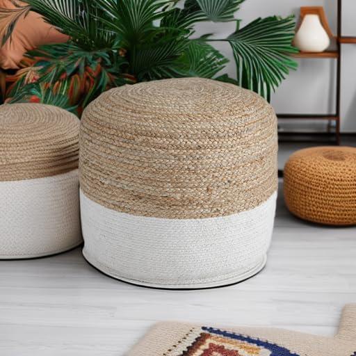 imageSignature Design by Ashley Sweed Valley Jute ampamp Cotton Pouf 19 x 19 Inches Beige ampamp WhiteWhite