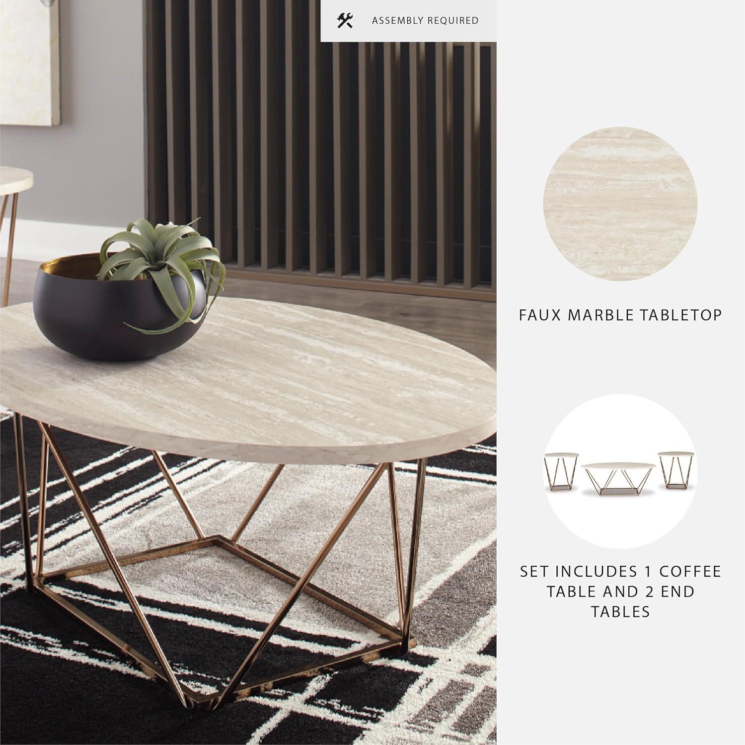 imageSignature Design by Ashley Tarica Modern 3 Piece Table Set Includes Coffee ampamp 2 End Tables White ampamp GoldWhite