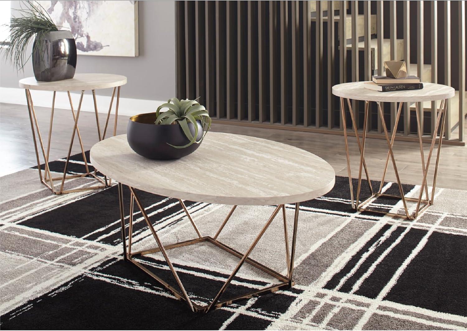 imageSignature Design by Ashley Tarica Modern 3 Piece Table Set Includes Coffee ampamp 2 End Tables White ampamp GoldWhite