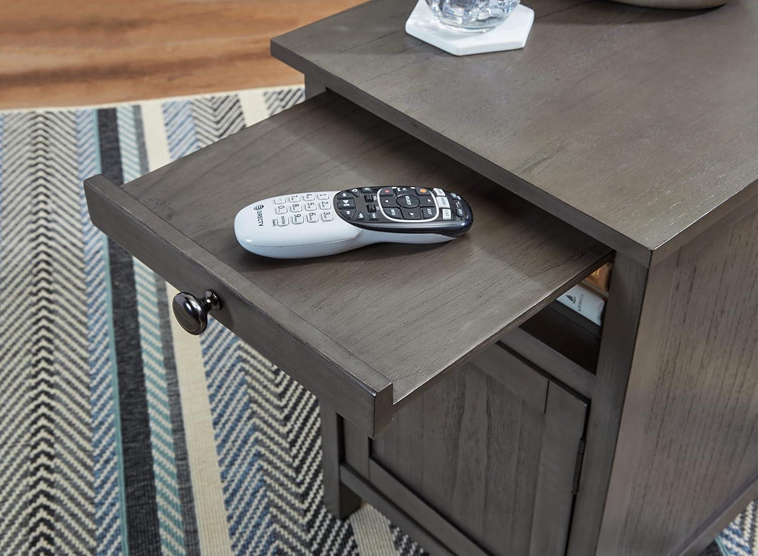 imageSignature Design by Ashley Treytown Casual Compact Chairside End Table with a Storage Cabinet Open Cubby Shelf PullOut Tray ampamp USB Charging Ports BlackDark Gray