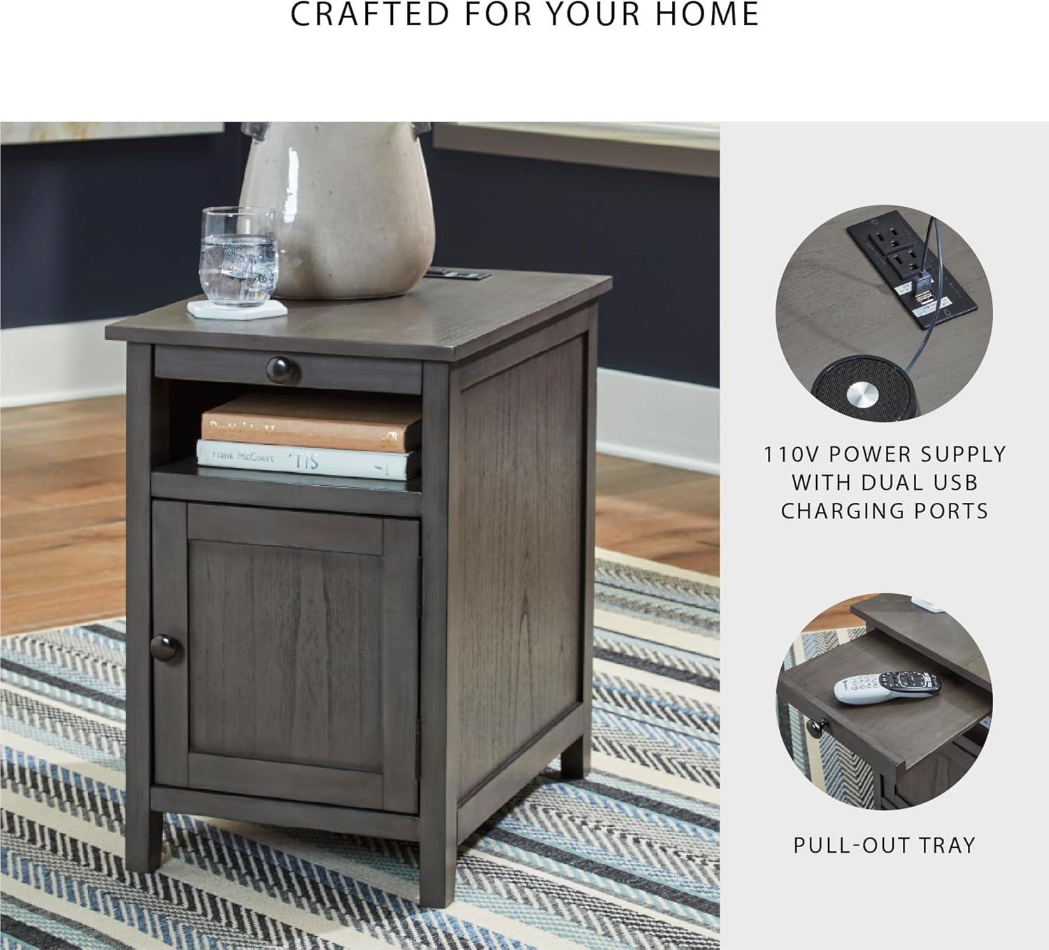 imageSignature Design by Ashley Treytown Casual Compact Chairside End Table with a Storage Cabinet Open Cubby Shelf PullOut Tray ampamp USB Charging Ports BlackDark Gray