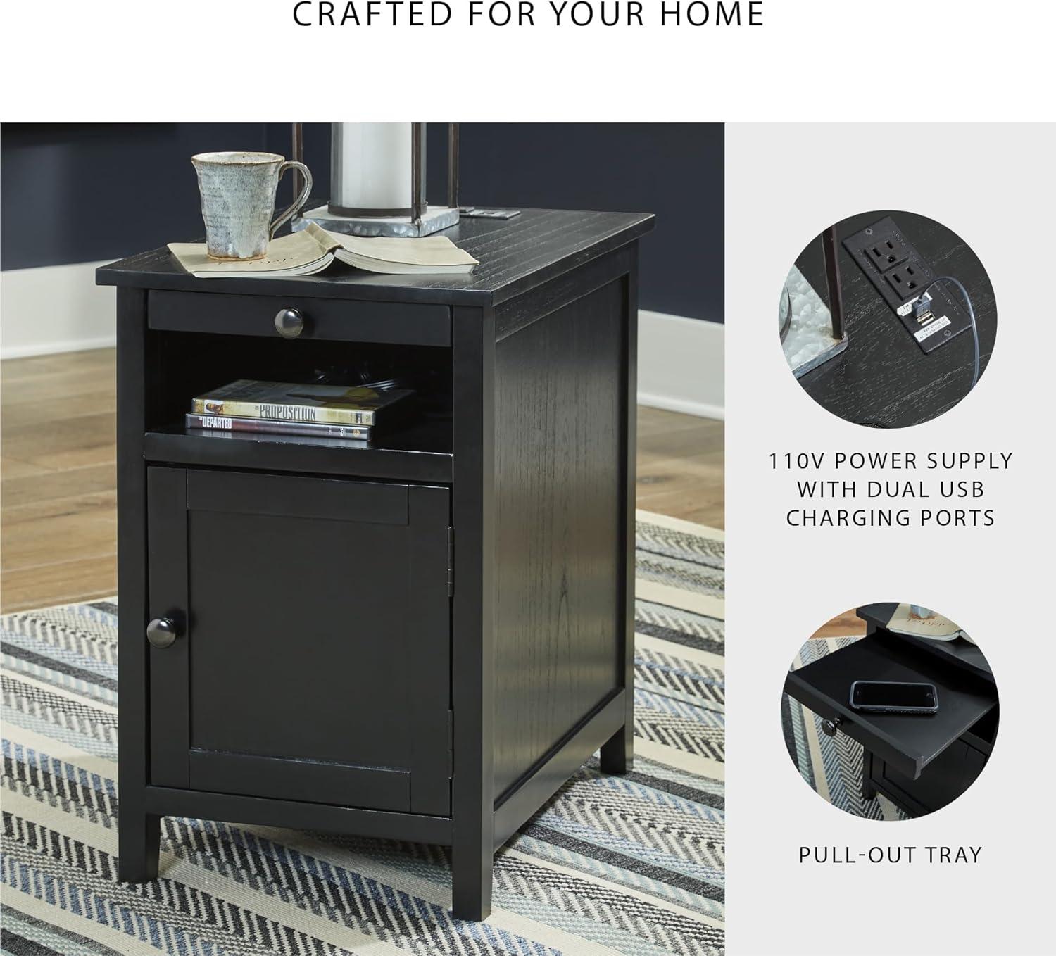 imageSignature Design by Ashley Treytown Casual Compact Chairside End Table with a Storage Cabinet Open Cubby Shelf PullOut Tray ampamp USB Charging Ports BlackBlack