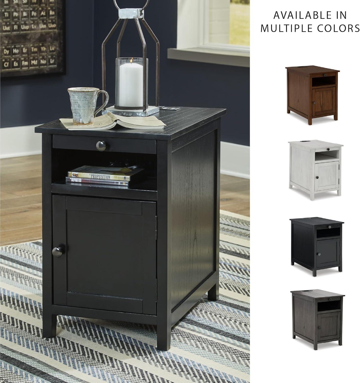 imageSignature Design by Ashley Treytown Casual Compact Chairside End Table with a Storage Cabinet Open Cubby Shelf PullOut Tray ampamp USB Charging Ports BlackBlack