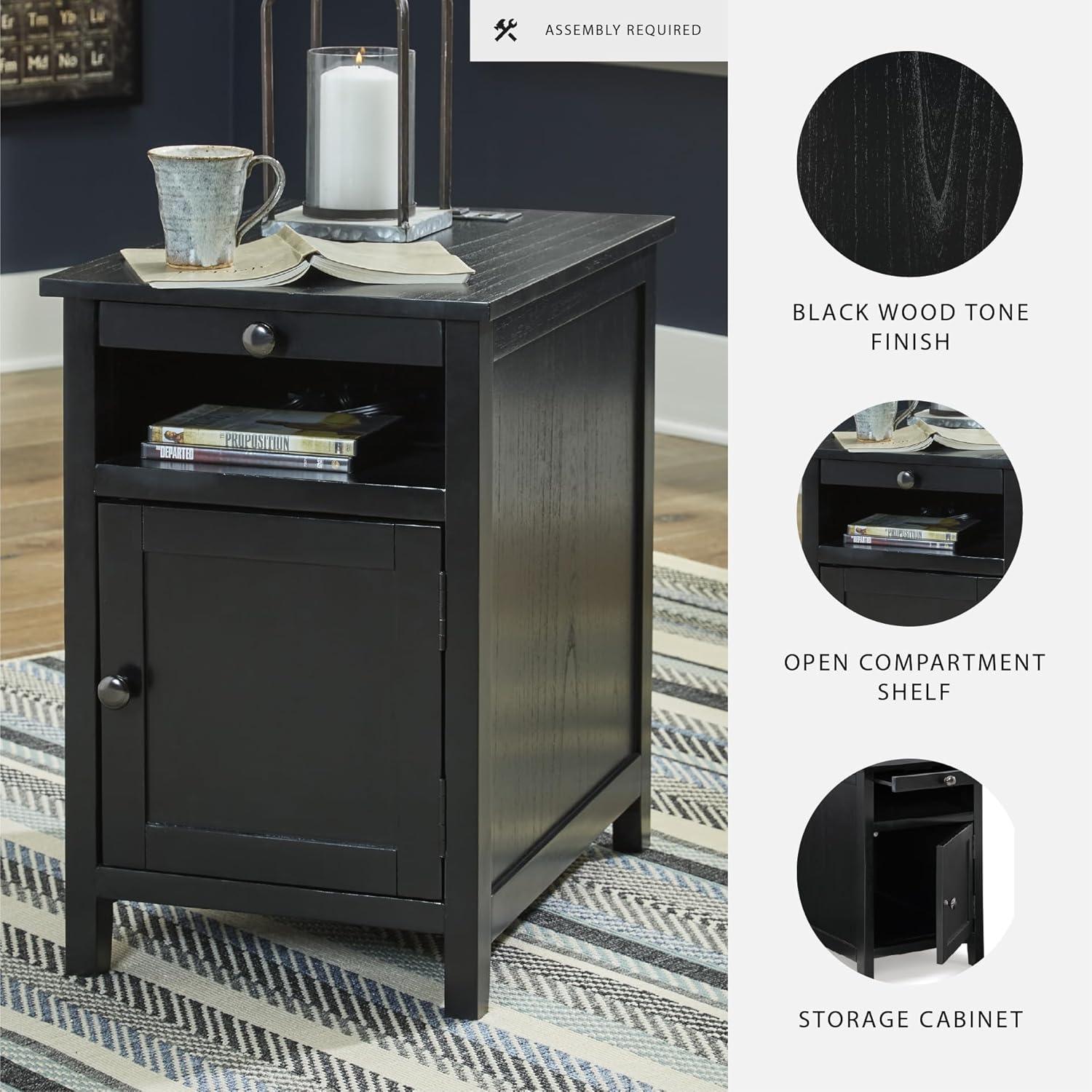 imageSignature Design by Ashley Treytown Casual Compact Chairside End Table with a Storage Cabinet Open Cubby Shelf PullOut Tray ampamp USB Charging Ports BlackBlack