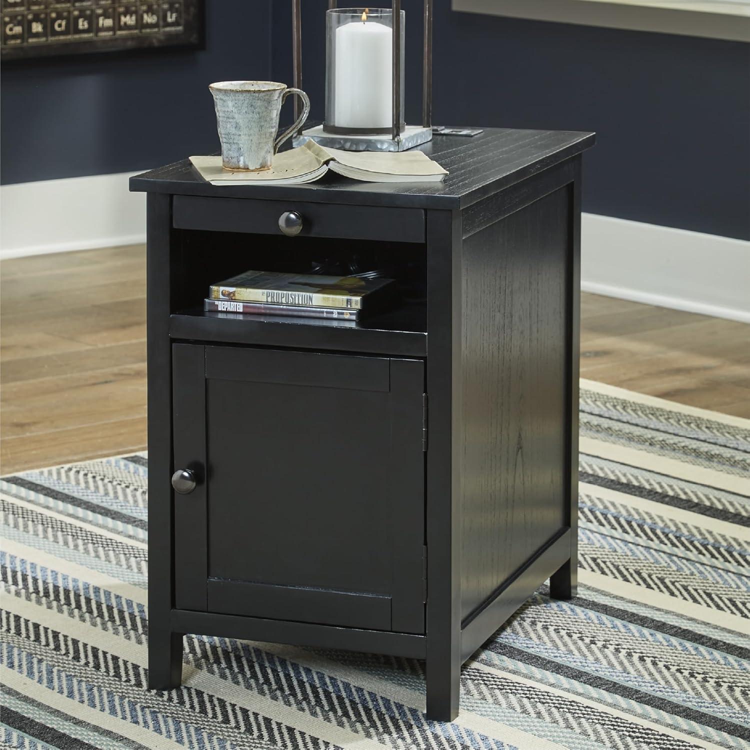 imageSignature Design by Ashley Treytown Casual Compact Chairside End Table with a Storage Cabinet Open Cubby Shelf PullOut Tray ampamp USB Charging Ports BlackBlack