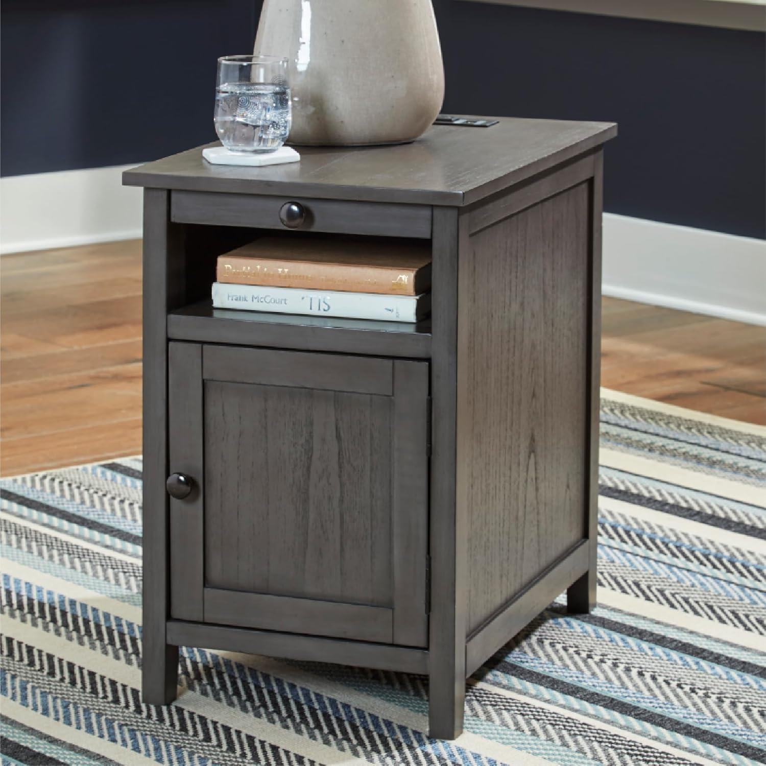 imageSignature Design by Ashley Treytown Casual Compact Chairside End Table with a Storage Cabinet Open Cubby Shelf PullOut Tray ampamp USB Charging Ports BlackDark Gray