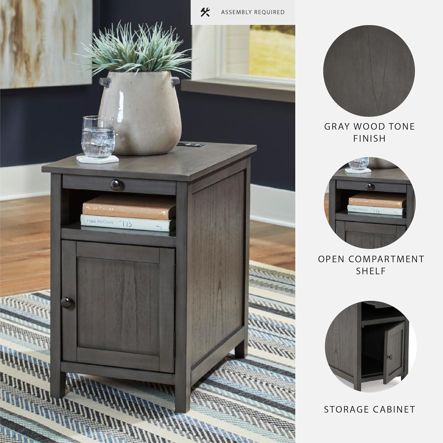 imageSignature Design by Ashley Treytown Casual Compact Chairside End Table with a Storage Cabinet Open Cubby Shelf PullOut Tray ampamp USB Charging Ports BlackDark Gray