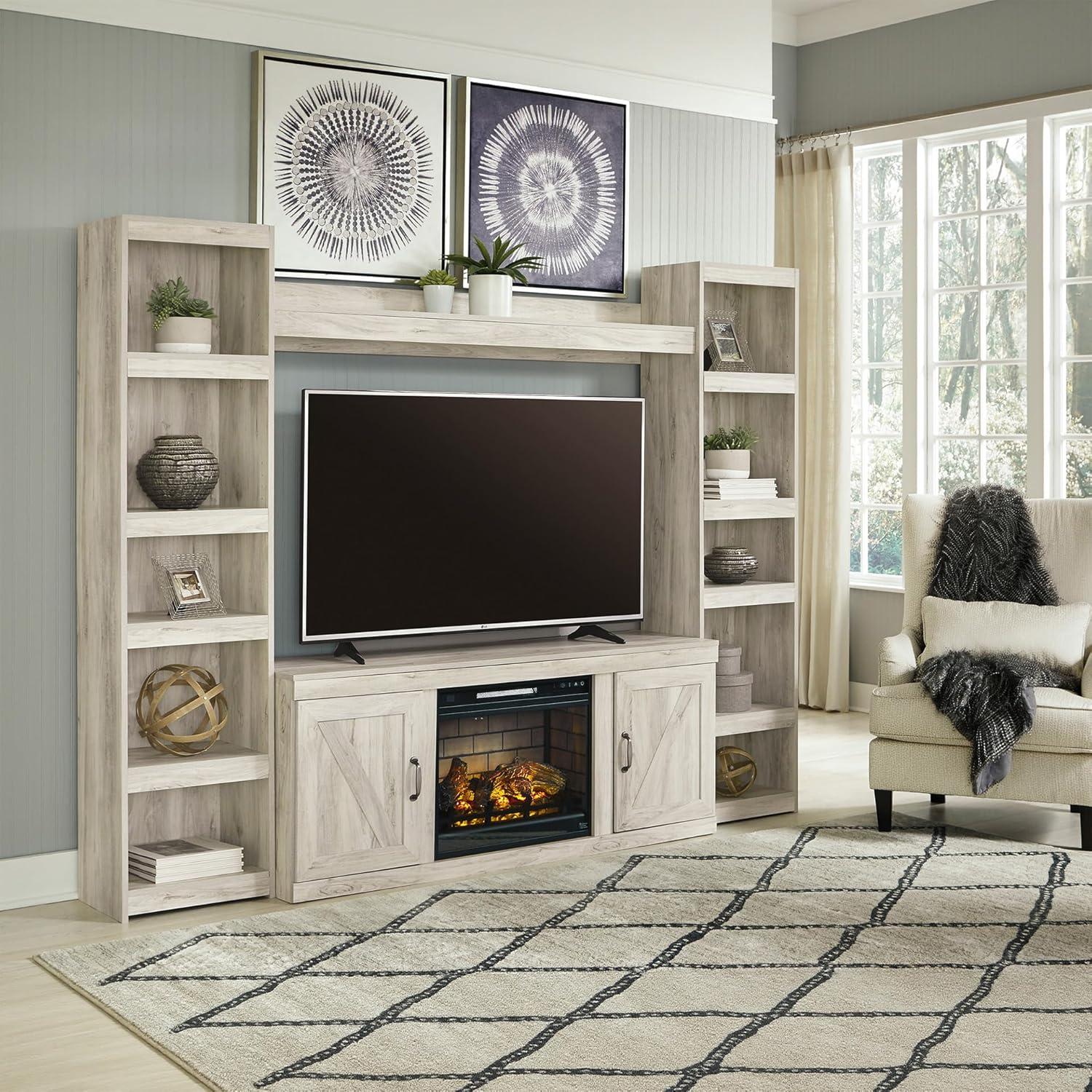 imageSignature Design by Ashley Trinell Rustic Entertainment Center Pier Bookcase with 3 Adjustable Shelves Natural BrownCream