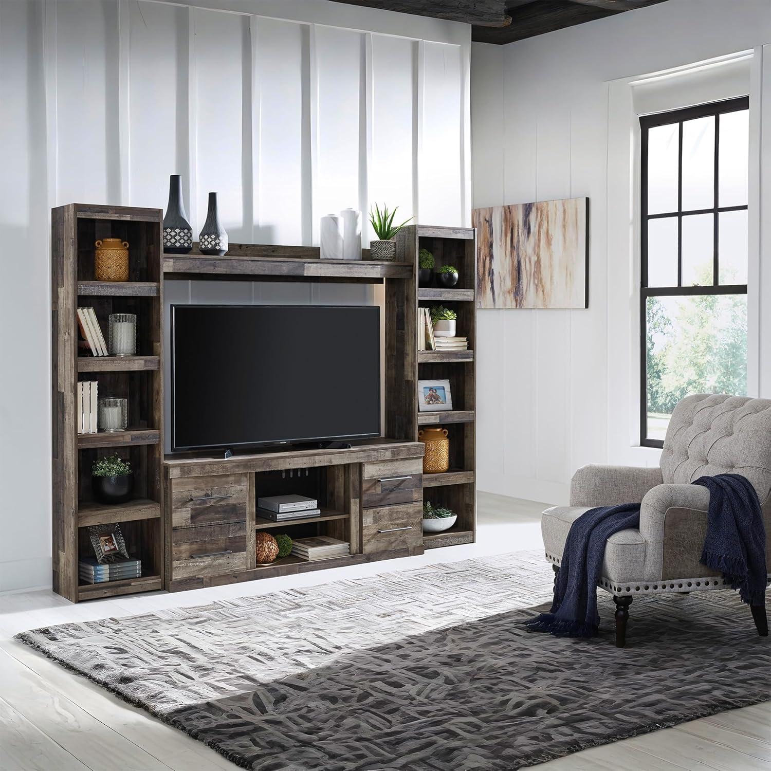 imageSignature Design by Ashley Trinell Rustic Entertainment Center Pier Bookcase with 3 Adjustable Shelves Natural BrownRustic Gray