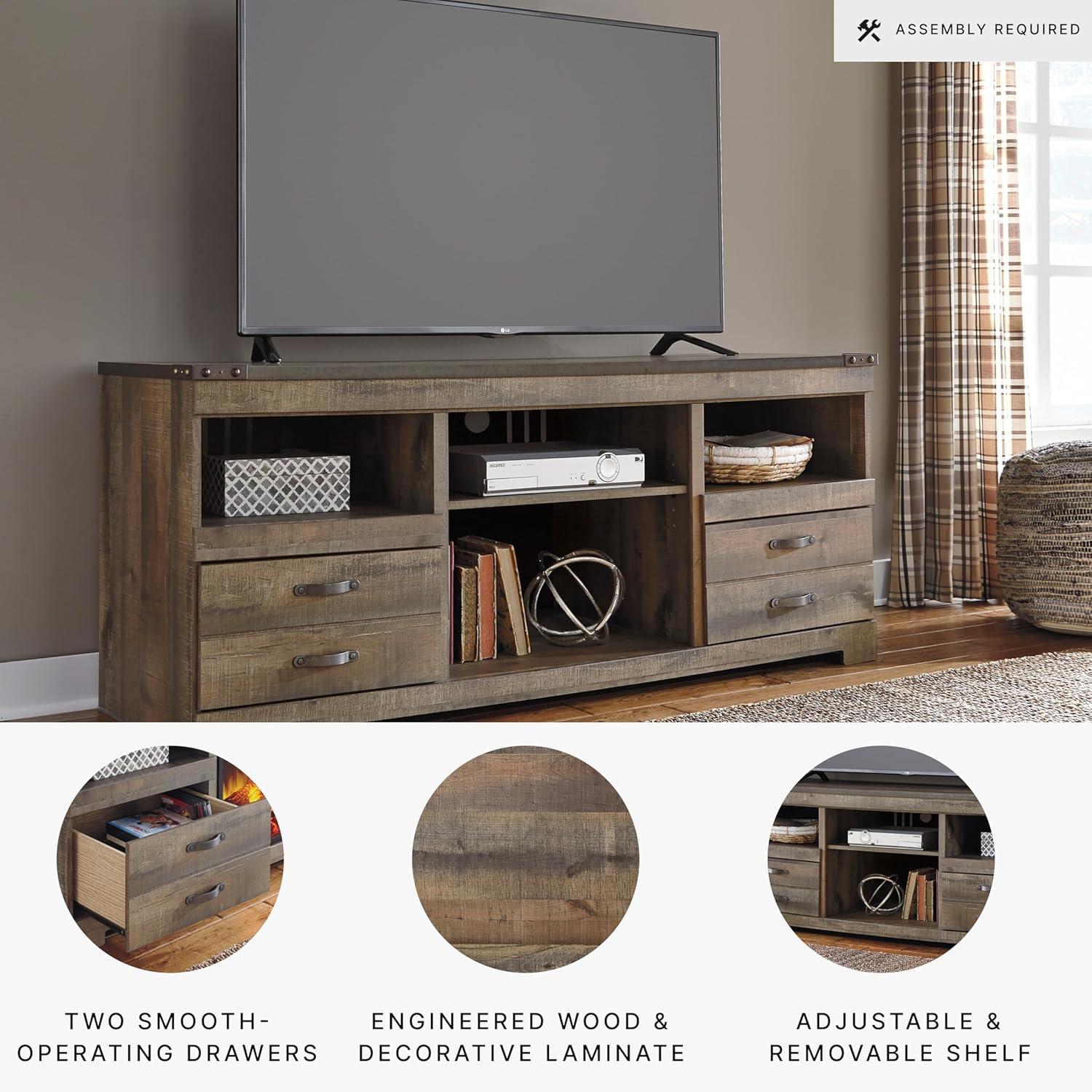 imageSignature Design by Ashley Trinell Rustic TV Stand with Fireplace Option Fits TVs up to 60quot 2 Drawers and 2 Storage Cubbies BrownBrown