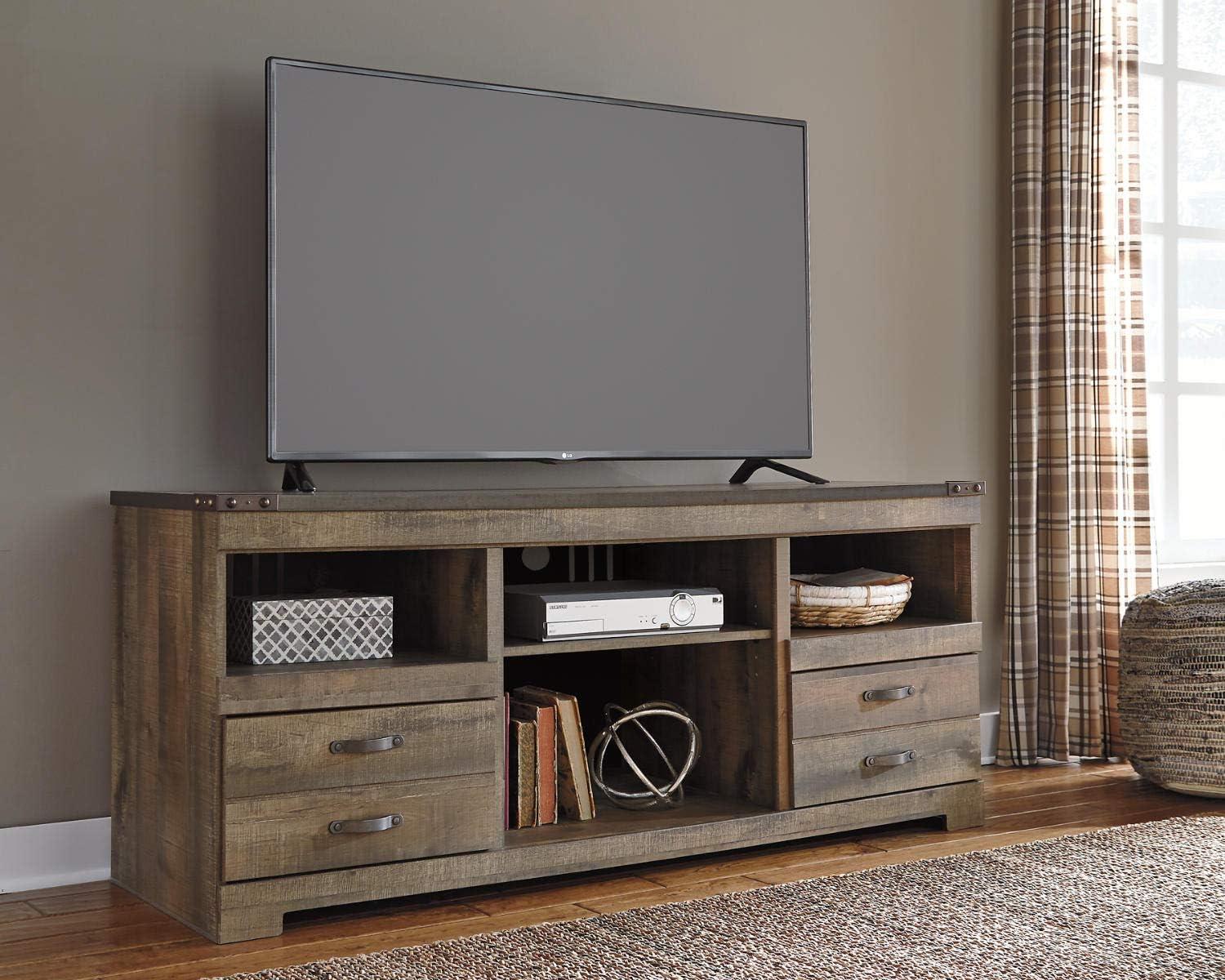 imageSignature Design by Ashley Trinell Rustic TV Stand with Fireplace Option Fits TVs up to 60quot 2 Drawers and 2 Storage Cubbies BrownBrown