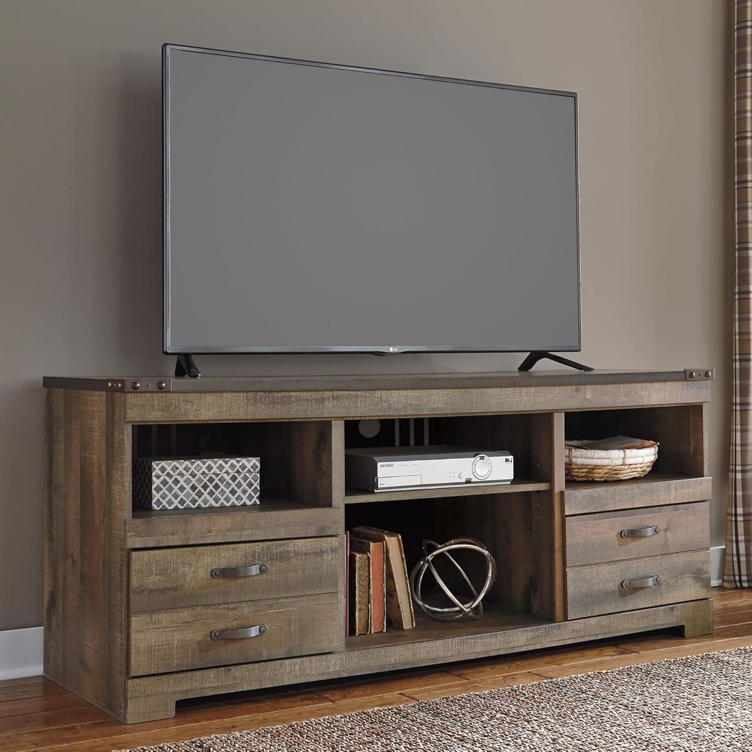 imageSignature Design by Ashley Trinell Rustic TV Stand with Fireplace Option Fits TVs up to 60quot 2 Drawers and 2 Storage Cubbies BrownBrown