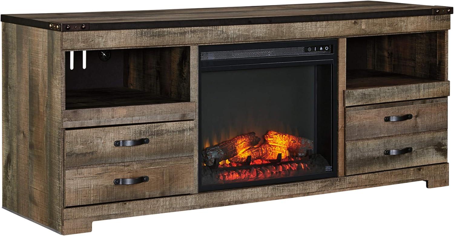 imageSignature Design by Ashley Trinell Rustic TV Stand with Fireplace Option Fits TVs up to 60quot 2 Drawers and 2 Storage Cubbies BrownBrown