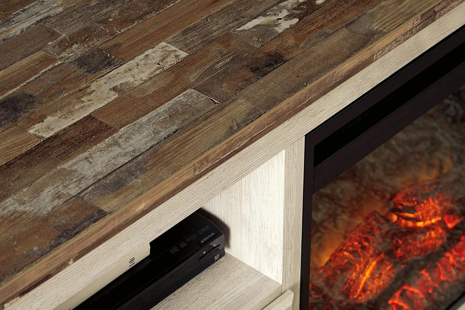 imageSignature Design by Ashley Trinell Rustic TV Stand with Fireplace Option Fits TVs up to 60quot 2 Drawers and 2 Storage Cubbies BrownWhite Wash