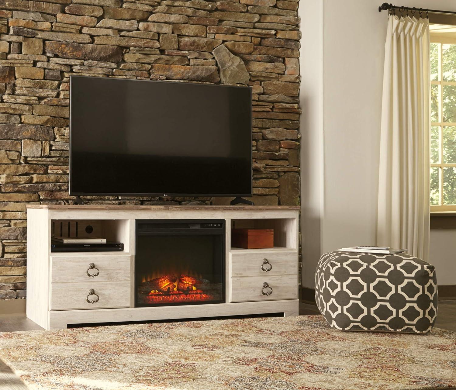 imageSignature Design by Ashley Trinell Rustic TV Stand with Fireplace Option Fits TVs up to 60quot 2 Drawers and 2 Storage Cubbies BrownWhite Wash