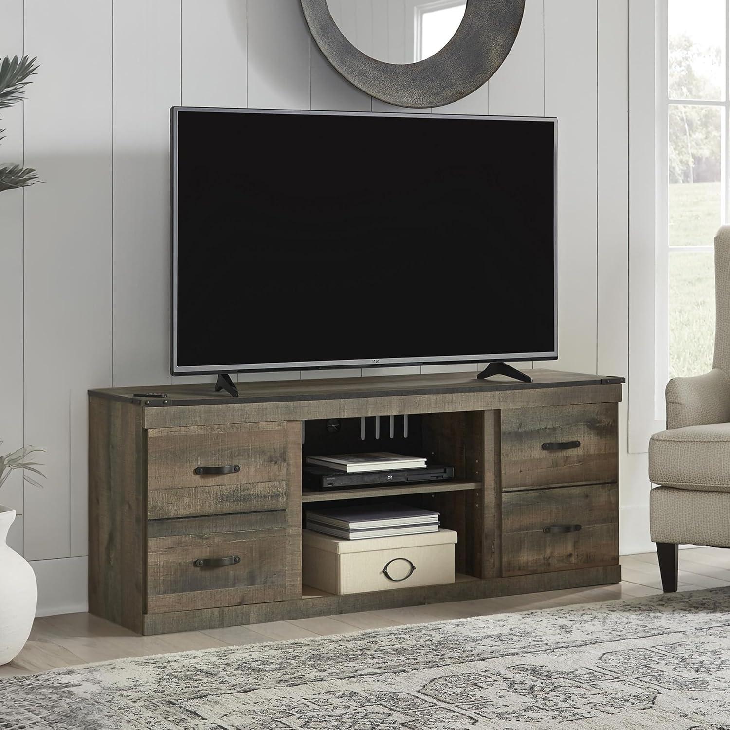 imageSignature Design by Ashley Trinell Vintage Large TV Stand up to 60quot with 3 Adjustable Shelves and Fireplace Option Dark Brown
