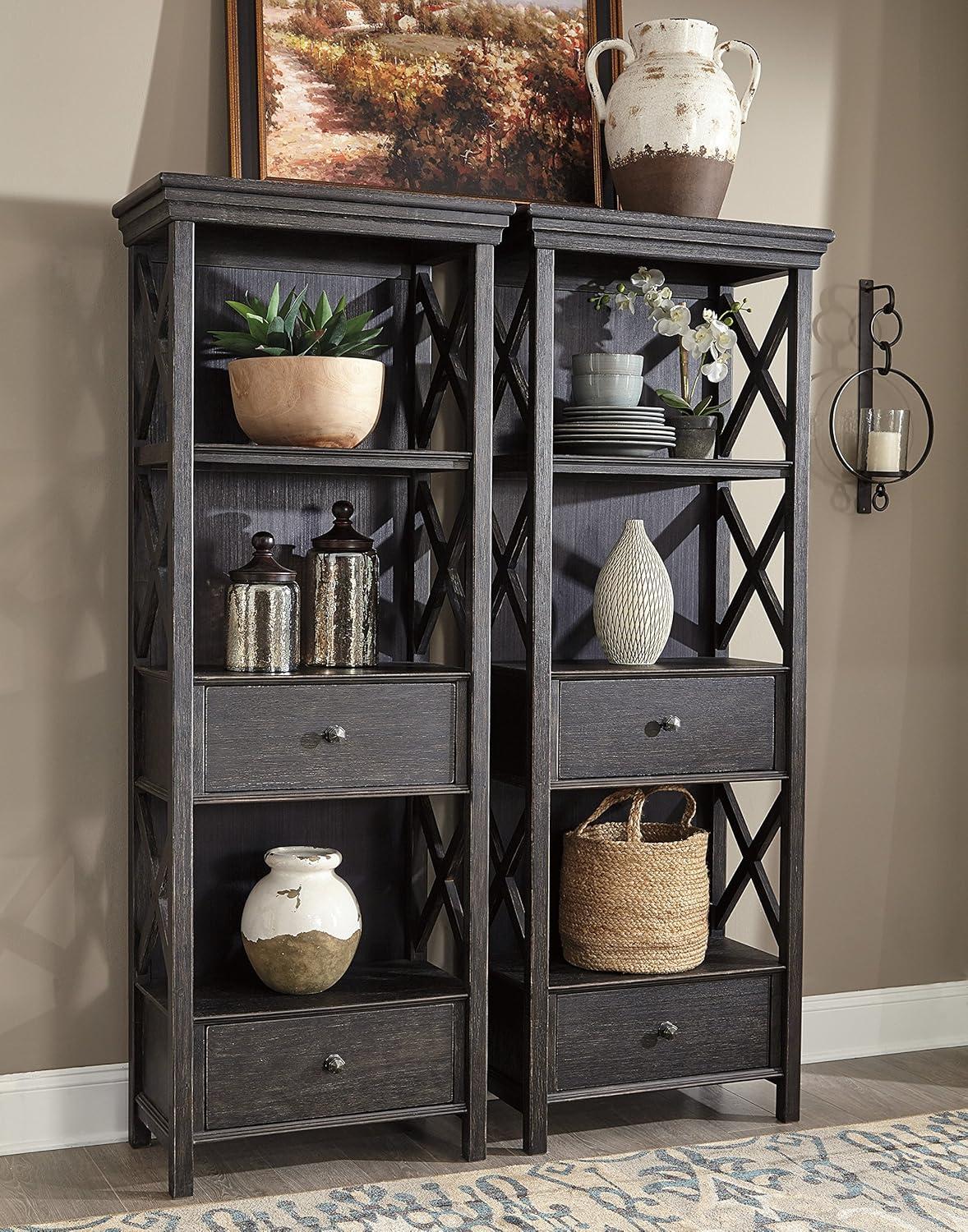 imageSignature Design by Ashley Tyler Creek Casual Farmhouse 75quot Display Cabinet or Bookcase with Drawers and Shelf Open Lattice Sides Wood Gray Black FinishBlack