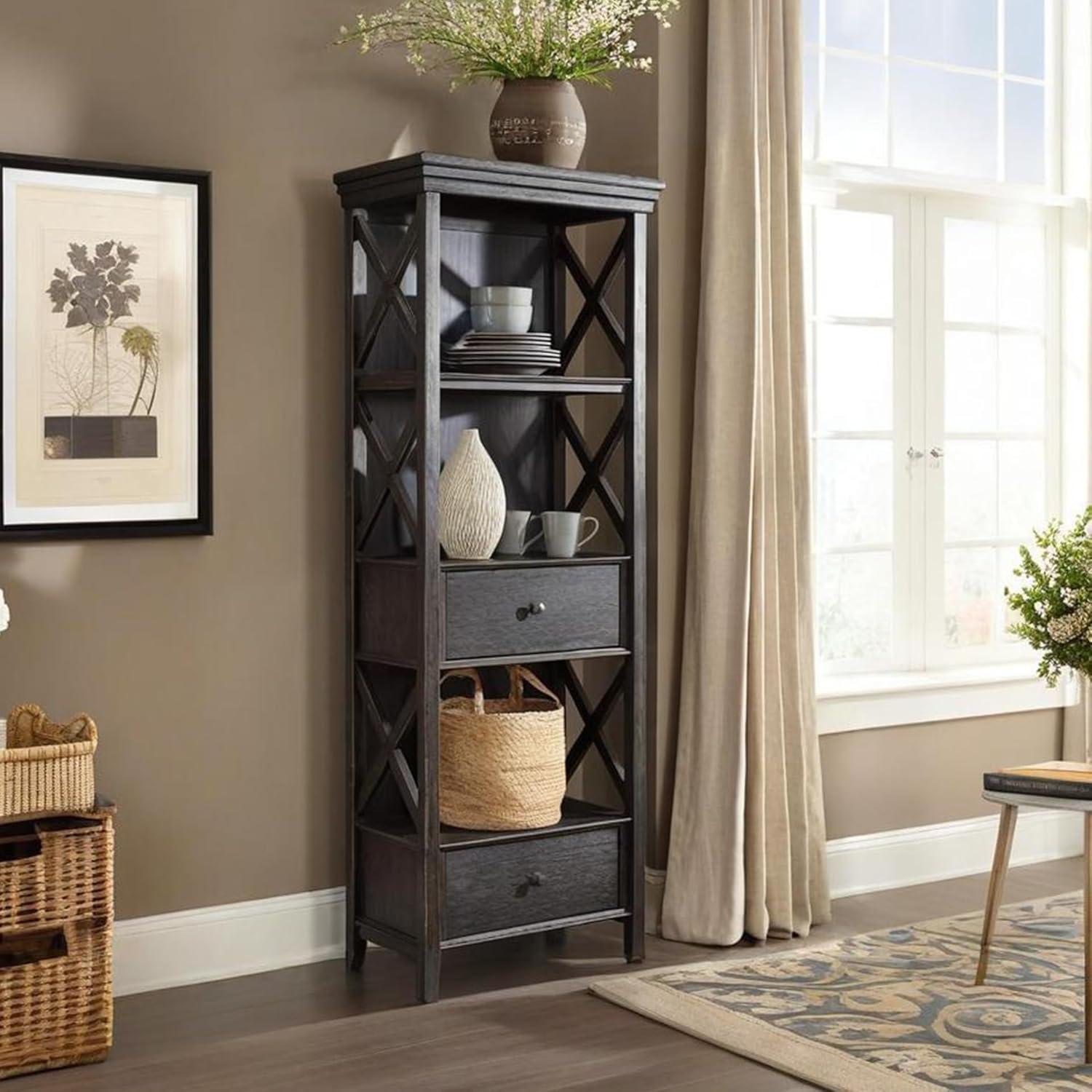 imageSignature Design by Ashley Tyler Creek Casual Farmhouse 75quot Display Cabinet or Bookcase with Drawers and Shelf Open Lattice Sides Wood Gray Black FinishBlack