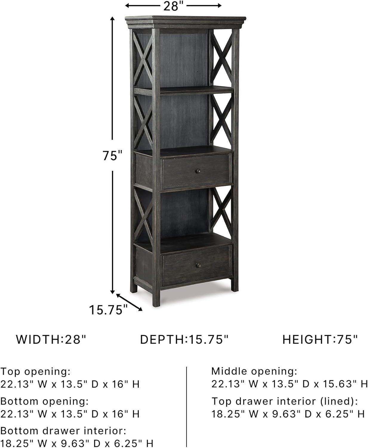 imageSignature Design by Ashley Tyler Creek Casual Farmhouse 75quot Display Cabinet or Bookcase with Drawers and Shelf Open Lattice Sides Wood Gray Black FinishBlack