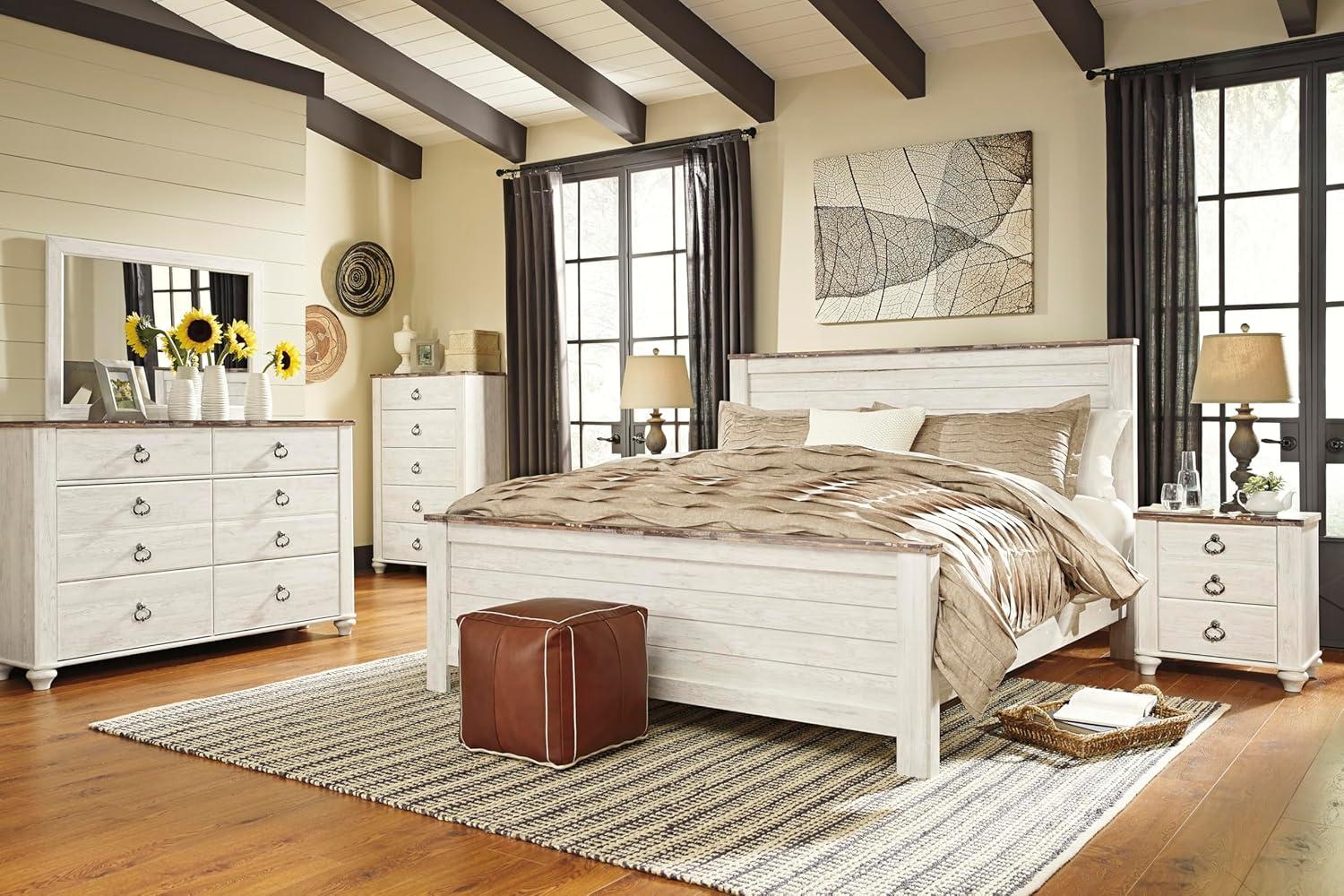 imageSignature Design by Ashley Willowton Cottage Farmhouse Panel Headboard ONLY Queen WhitewashCalifornia King