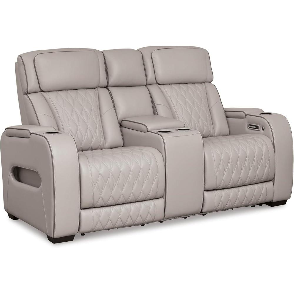 imageSignature Design by Ashley Boyington Contemporary Leather Match Power Reclining Sofa with USB Charging Ports LED Lights and Adjustable Headrest Light GrayGrey